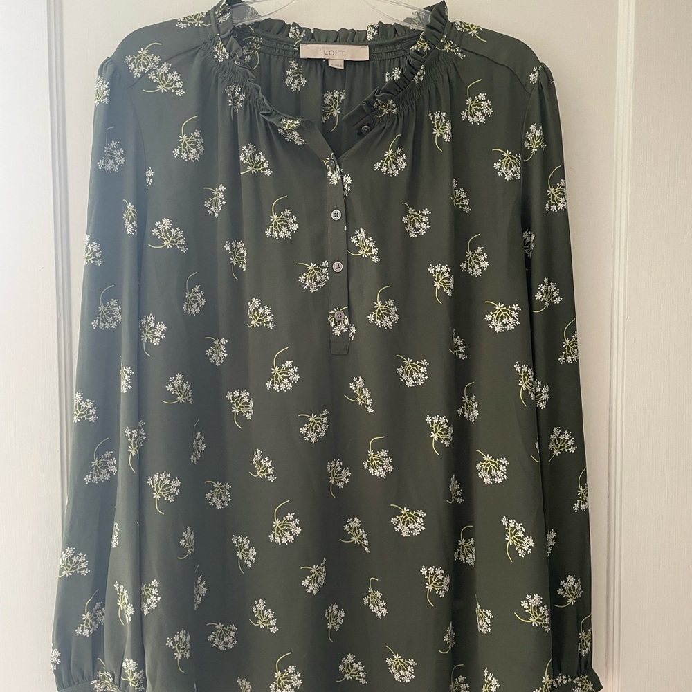 LOFT Dark Green Floral Blouse